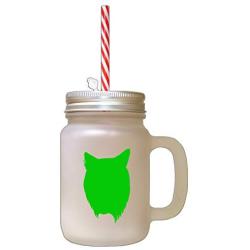 Green Domestic Longhair Cat Head Silhouette #2 Frosted Glass Mason Jar With Straw