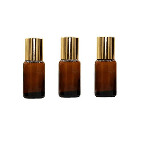 3PCS 5ml/0.17oz Empty Refillable Amber Glass Essential Oil Roller Bottles with Stainless Steel Roller Ball and Golden Lid Portable Travel Cosmetic Container Simple Storage for Perfume Aromatherapy Oil