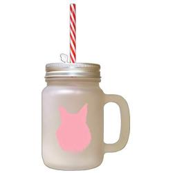 Soft Pink Maine Coon Cat Head Silhouette Frosted Glass Mason Jar With Straw
