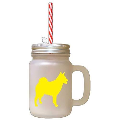 Yellow Norwegian Buhund Silhouette Frosted Glass Mason Jar With Straw