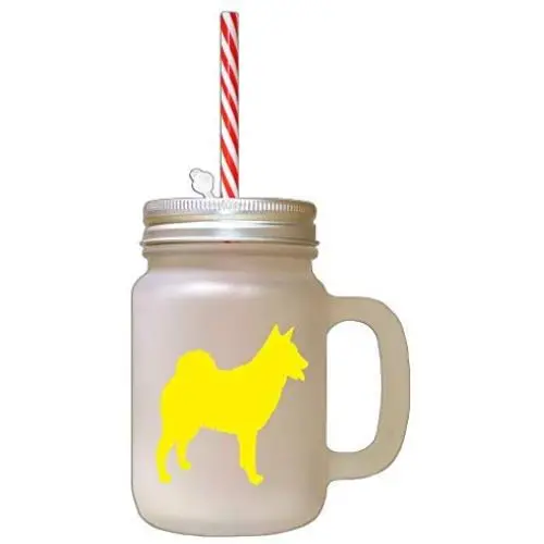 Gelber Norwegischer Buhund Silhouette Eisglasierte Glas Mason Jar mit Stroh
