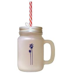 Navy Palm Trees Frosted Glass Mason Jar With Straw