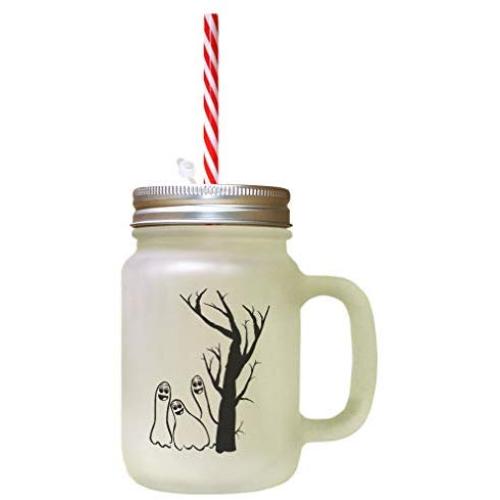 Black Tree Ghosts Boo Halloween Frosted Glass Mason Jar With Straw