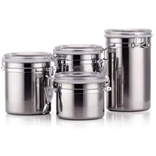 4-teiliges 5-Zoll Luftdichter Behälter Set aus Edelstahl, Lebensmittelbehälter mit Deckeln für Tee, Kaffee, Snacks, Milchpulver, Bohnen, Mehlbehälter mit Klar-Acryl-Deckel und Verriegelung