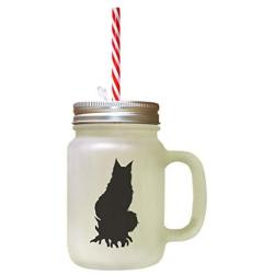 Black Maine Coon Cat Silhouette #1 Frosted Glass Mason Jar With Straw