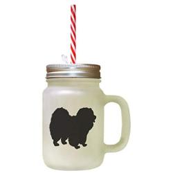 Black Chow Chow Silhouette Frosted Glass Mason Jar With Straw