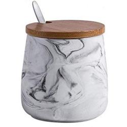 Modern Ceramic Marble Pattern Sugar Bowl Salt Spice Pot Pepper Storage Jar Seasoning Pot Container Condiment Box with Wooden Lid and Spoon for Home Kitchen,12.8 Oz, Grey