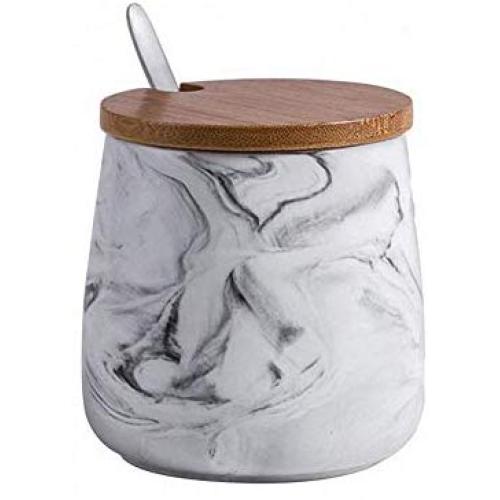 Modern Ceramic Marble Pattern Sugar Bowl Salt Spice Pot Pepper Storage Jar Seasoning Pot Container Condiment Box with Wooden Lid and Spoon for Home Kitchen,12.8 Oz, Grey