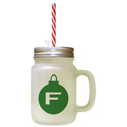 Forest Green&quotF" Christmas Tree Toy Monogram F Frosted Glass Mason Jar With Straw