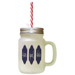 Navy Gave Spend Share Frosted Glass Mason Jar With Straw