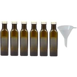 Viva Haushaltswaren 19818 6 Oil Bottles 250 ml with a Glass Brown/Green Glass Bottle Funnel, 4.7 x 4.7 x 21.3 cm