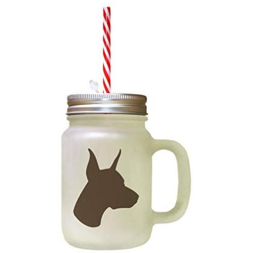 Brown Doberman Pinscher Silhouette Frosted Glass Mason Jar With Straw