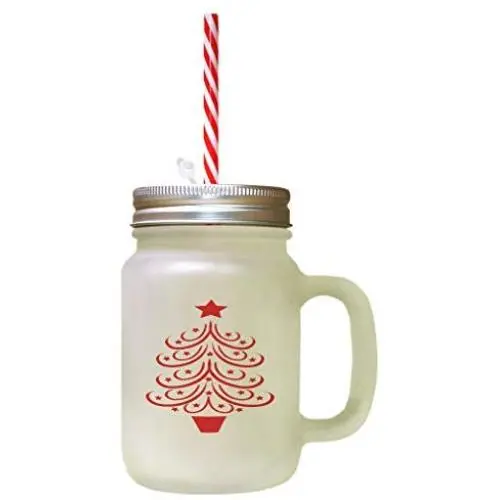 Red Multicolor Tree Image Frosted Glass Mason Jar With Straw Red Multicolor Tree Image Frosted Glass Mason Jar With Straw