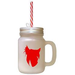 Red Chinese Crested Dog Silhouette Frosted Glass Mason Jar With Straw