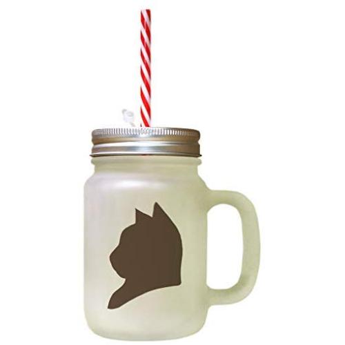 Brown American Shorthair Cat Head Silhouette Frosted Glass Mason Jar With Straw