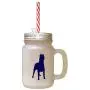 Silhouette d'un Dogo Argentino en verre de couleur bleu marine (Navy) dans une jarre en verre (Mason Jar) avec paille. Silhouette d'un Dogo Argentino en verre de couleur bleu marine (Navy) dans une jarre en verre (Mason Jar) avec paille.