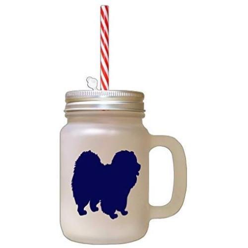 Navy Chow Chow Silhouette Frosted Glass Mason Jar With Straw