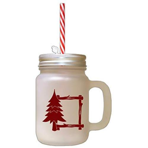 Maroon Pine Tree Frame Frosted Glass Mason Jar With Straw