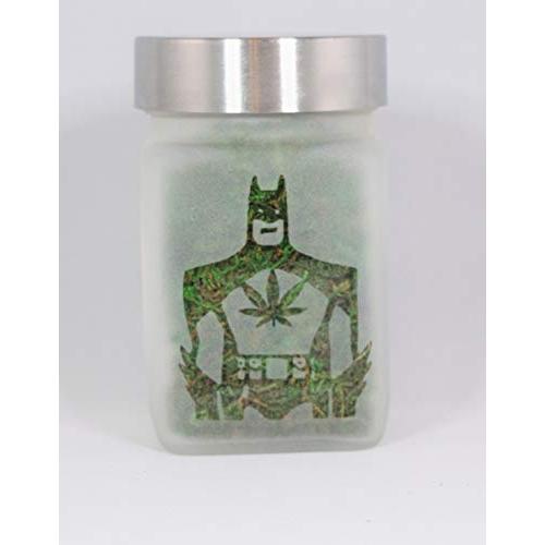 Stash Jar with Caped Hero Design - Airtight, Smell Resistant Etched Glass Herb Storage, 3" Tall x 2" Wide