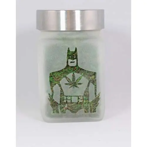 Stash Jar with Caped Hero Design - Airtight, Smell Resistant Etched Glass Herb Storage, 3&quot Tall x 2&quot Wide