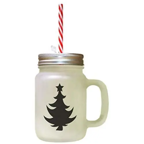 Black Christmas Tree #6 Frosted Glass Mason Jar With Straw Black Christmas Tree #6 Frosted Glass Mason Jar With Straw