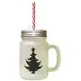 Black Christmas Tree #6 Frosted Glass Mason Jar With Straw Black Christmas Tree #6 Frosted Glass Mason Jar With Straw