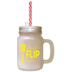 Yellow DonT Flip Out Frosted Glass Mason Jar With Straw