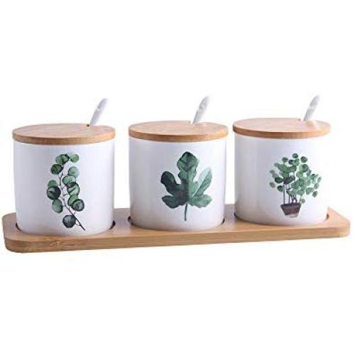 Porcelain Canisters，Set of 3 Spice Jar with Airtight Bamboo Lid,Kitchen Seasoning Jar (Plant 01)