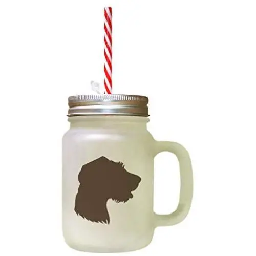 Brown German Rough Haired Pointer Silhouette Frosted Glass Mason Jar With Straw Brown German Rough Haired Pointer Silhouette Frosted Glass Mason Jar With Straw