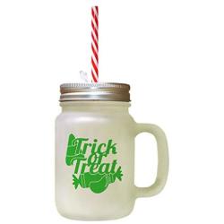 Green Trick Or Treat Halloween Candies Style 2 Frosted Glass Mason Jar With Straw