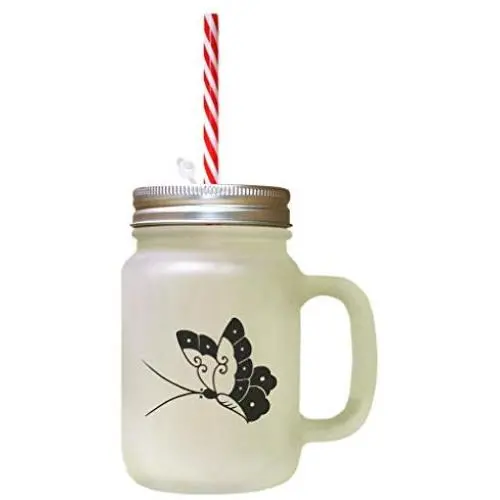Black Butterfly Style 73 Frosted Glass Mason Jar With Straw Black Butterfly Style 73 Frosted Glass Mason Jar With Straw