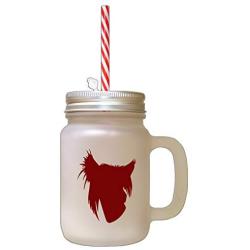 Maroon Chinese Crested Dog Silhouette Frosted Glass Mason Jar With Straw