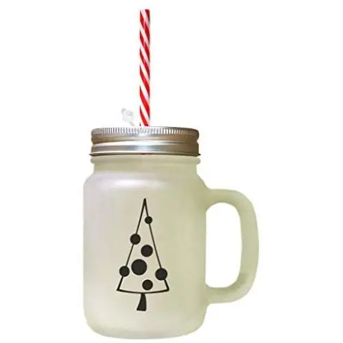 Black Christmas Tree Style 6 Frosted Glass Mason Jar With Straw Black Christmas Tree Style 6 Frosted Glass Mason Jar With Straw