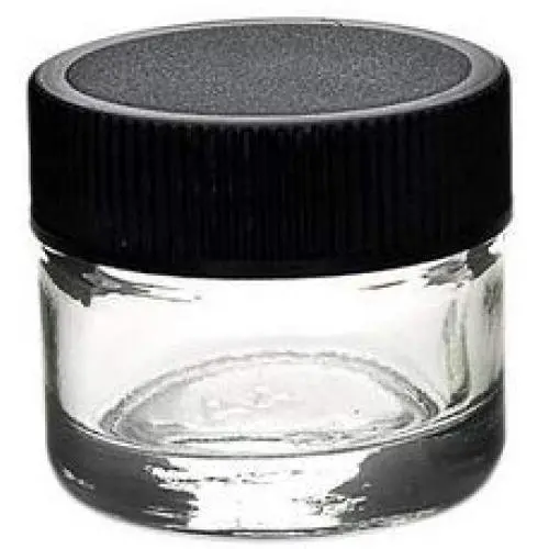 DabJars : set of 10 glass jars 5ml / 1.2&quotx1.2" BLACK cap threaded screw top heavy weighted glass retail or wholesale packaging (Black Cap)