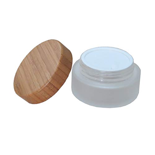 1Pc (100g/3.38oz) Natural Bamboo Screw Lid with Frosted Empty Glass Bottle Cream Jars and Liners Refillable Makeup Storage Containers Pot Case for Lotions Body Creams other Beauty Products