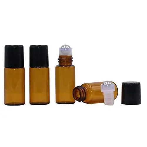 25 Stück Aromaöl Roller Flaschen Mini 1ml/2ml/3ml Bernstein Glas Metallball Leere Roll On Glas Flasche Duftproben Glasgefäße für Aromatherapie Lippenbalsam Creme Flüssigkeit mit schwarzer Kappe (3ml)