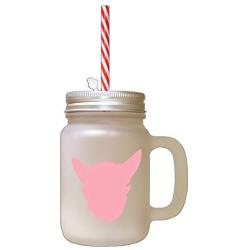 Soft Pink Chein Chihuahua Silhouette Frosted Glass Mason Jar With Straw