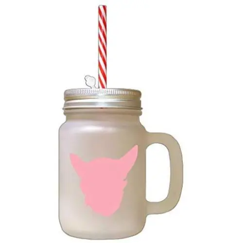 Soft Pink Chein Chihuahua Silhouette Frosted Glass Mason Jar With Straw Soft Pink Chein Chihuahua Silhouette Frosted Glass Mason Jar With Straw