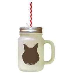 Brown Maine Coon Cat Head Silhouette Frosted Glass Mason Jar With Straw