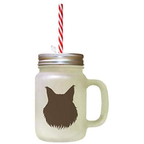 Brown Maine Coon Cat Head Silhouette Frosted Glass Mason Jar With Straw