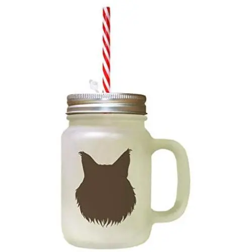 Brown Maine Coon Cat Head Silhouette Frosted Glass Mason Jar With Straw Brown Maine Coon Cat Head Silhouette Frosted Glass Mason Jar With Straw