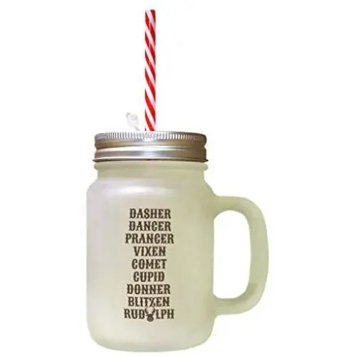 Brown Christmas SantaS Reinders Names Frosted Glass Mason Jar With Straw Brown Christmas SantaS Reinders Names Frosted Glass Mason Jar With Straw
