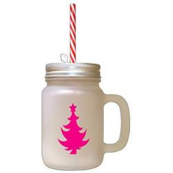 Hot Pink Christmas Tree #6 Frosted Glass Mason Jar With Straw