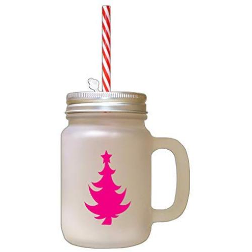 Hot Pink Christmas Tree #6 Frosted Glass Mason Jar With Straw