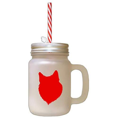 Red Finnish Lapphund Silhouette Frosted Glass Mason Jar With Straw