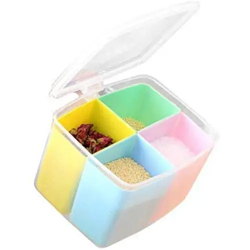 Gewürzlösungen, Küchen-Gewürzbox, Gewürzbehälter-Aufbewahrung, Splitter-Aufbewahrungskästen, farbenfrohe Aufbewahrungskästen mit Löffel.