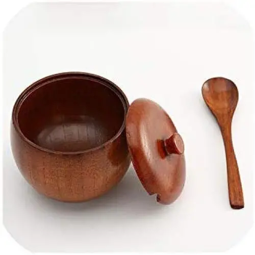Japanische Naturholz Gewürzdose Stil Behälter Würzesalz Lagerbehälter mit Deckel, Zuckerstreusel, Salzlöffel Küchenwerkzeuge Gadgets, Schwarz
