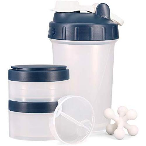 Hydro2Go 16 OZ Protein-Shaker-Flasche mit Mixerball und 2 Verstellbehältern für Pillen, Snacks, Kaffee, Tee. 100% BPA-frei, ungiftig und dicht schließend.