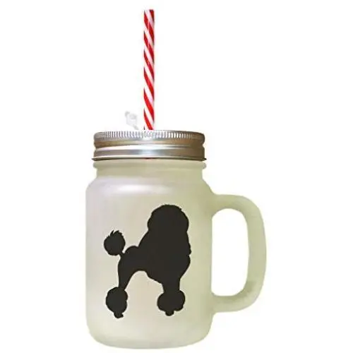 Black Poodle Silhouette Frosted Glass Mason Jar With Straw Black Poodle Silhouette Frosted Glass Mason Jar With Straw