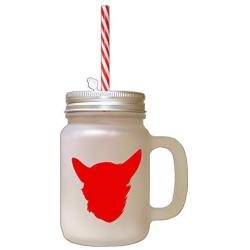 Red Chein Chihuahua Silhouette Frosted Glass Mason Jar With Straw